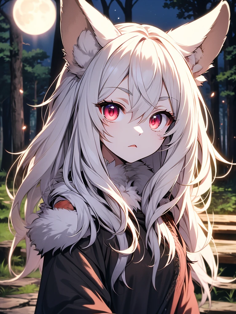 Hairy Girl,Extremely fine fur,,forest,moonlight,Looking at the audience,Scars all over body,The clothes are a bit torn,Fierce eyes,Red eyes