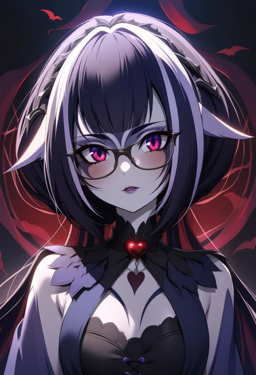 (shylily/(Twich/):1.5),(masterpiece:1.2),(best quality:1.2),, (1girl:1.3),anime - style illustration of a woman in a blue dress with a red heart, gothic maiden anime girl, portrait of lolita, an elegant gothic princess, 1 7 - year - old anime goth girl, gothic maiden, princess of darkness, with haunted eyes and glasses, portrait of magical lolita girl, portrait gapmoe yandere grimdark, beautiful vampire queen