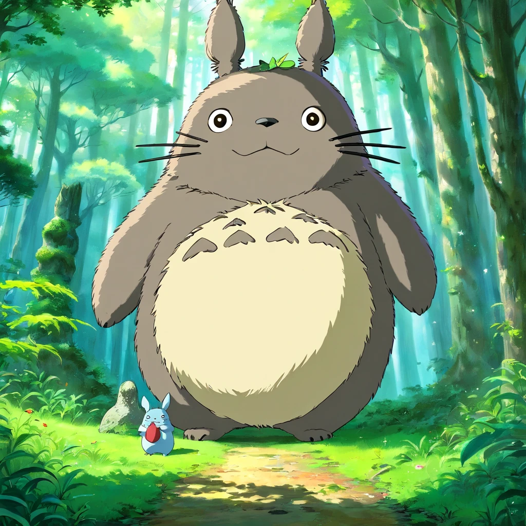 Totoro, fluffy, forest background