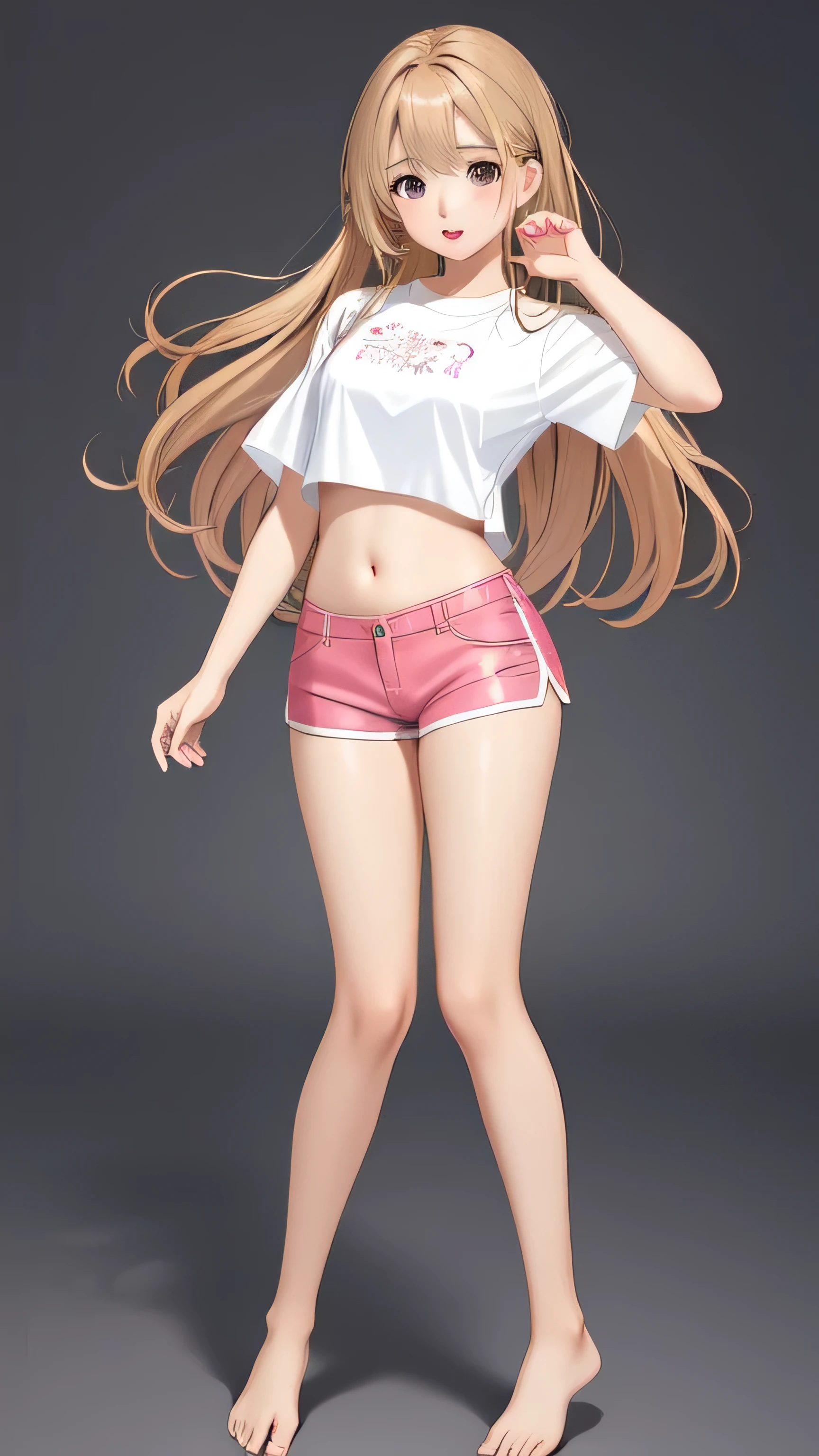 woman, Long brownish blonde hair,、Grey Eyes,、White skin、Pink Lips、whole body:1.5、hot pants、White thin shirt、Belly button、full body、Barefoot、fun