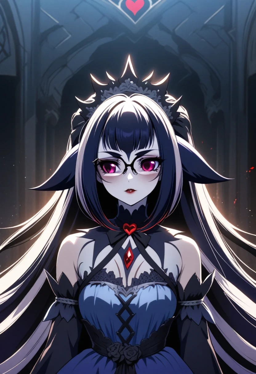 (shylily/(Twich/):1.5),(masterpiece:1.2),(best quality:1.2),, (1girl:1.3),anime - style illustration of a woman in a blue dress with a red heart, gothic maiden anime girl, portrait of lolita, an elegant gothic princess, 1 7 - year - old anime goth girl, gothic maiden, princess of darkness, with haunted eyes and glasses, portrait of magical lolita girl, portrait gapmoe yandere grimdark, beautiful vampire queen