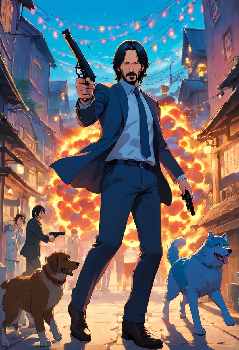 John Wick,fighting in the countrytown,guns,idyllic, by Studio Ghibli,starring Keanu Reeves,