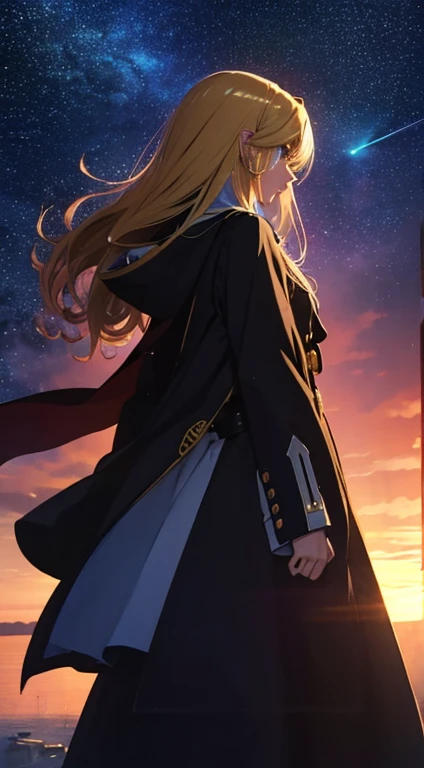 1people々々々々々々々々々々々,Blonde long-haired woman,Long coat, Dress Silhouette, Rear View,Space Sky, , Anime Style, sunset,The boundary between sea and space,