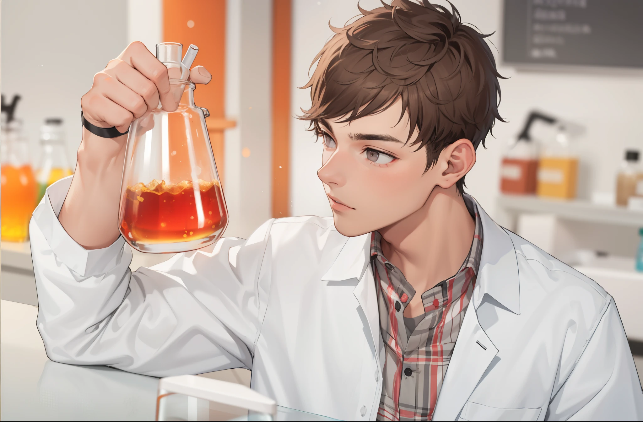 A 16-year-old boy with brown hair and gray eyes does chemical experiments.
