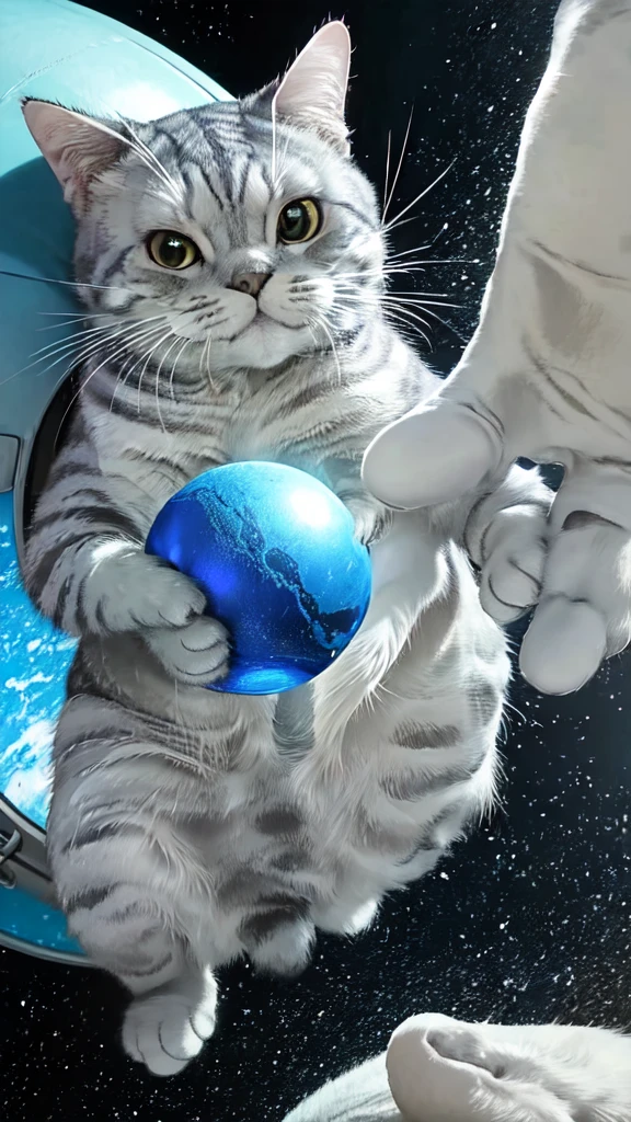 A cat wearing a space helmet is floating in the universe, surrounded by aliens. The cat's fur is highly detailed and realistic, with exceptional detail on its face, body, and paws. The colors are vivid and the lighting is dramatic, creating a sense of awe and wonder. The cat's eyes are especially detailed, with a mesmerizing gaze that captivates the viewer. The space helmet adds a touch of futuristic technology and adventure to the scene. The alien space ship hovers in the background, casting a soft glow on the cat. The cat appears to be flying, its paws gracefully extended as if in mid-jump. The hand POV perspective enhances the feeling of being in the presence of this extraordinary spectacle. The Earth can be seen in the distance, a striking blue and green orb, adding a sense of scale and context to the image. There are no humans in the scene, focusing solely on the cat and its interaction with the alien world. The overall composition is realistic and detailed, with every element meticulously rendered.