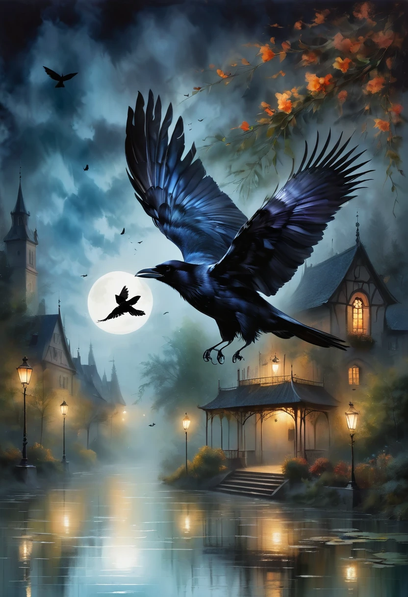 （dark atmosphere，Goethe-Mode，helle Farben），（best quality，Super exquisit，），Gothic-Rabe，Rosengarten bei Nacht，Crow feathers，black crow，Das Mondlicht spiegelt ihre elegante Silhouette，Weiche Schatten und weiche Glanzlichter，Contrasting colors create a lively atmosphere，dunkle und stimmungsvolle Farbpalette，Dezente und dennoch dramatische Lichteffekte，Erhabene Dunkelheit vermischt mit exquisitem Mondlicht