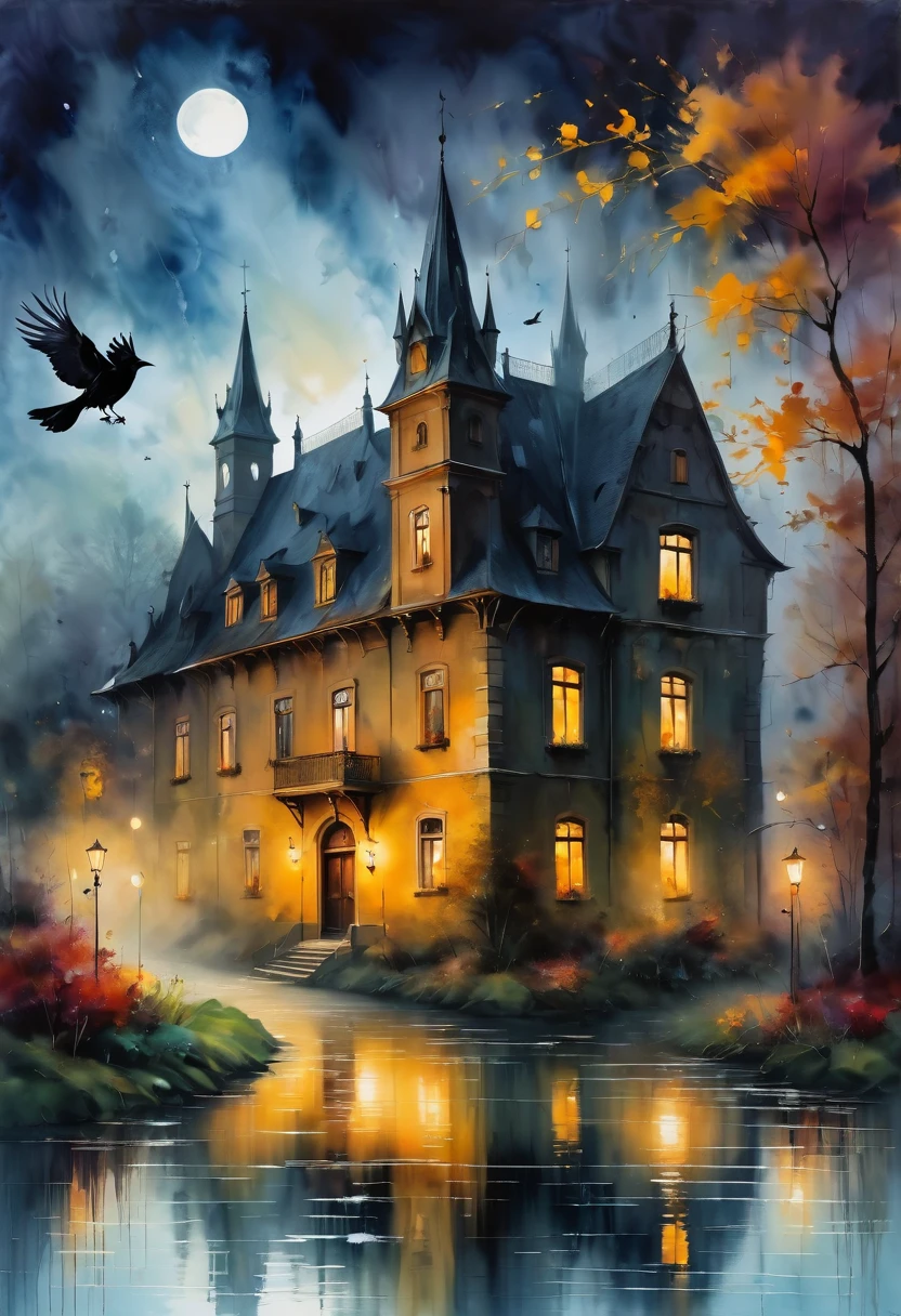 (dark atmosphere,Goethe-Mode,helle Farben),(best quality,Super exquisit,),Gothic-Rabe,Rosengarten bei Nacht,Crow feathers,black crow,Das Mondlicht spiegelt ihre elegante Silhouette,Weiche Schatten und weiche Glanzlichter,Contrasting colors create a lively atmosphere,dunkle und stimmungsvolle Farbpalette,Dezente und dennoch dramatische Lichteffekte,Erhabene Dunkelheit vermischt mit exquisitem Mondlicht