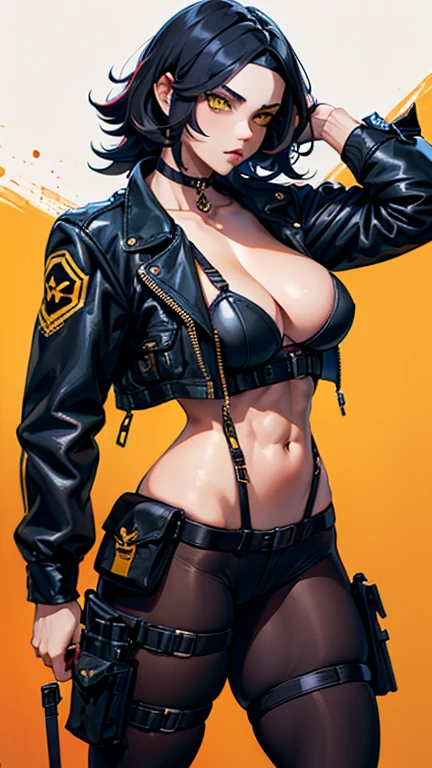 (((Cabelo longo))) black hair yellow eyes pale skin muscular girl huge breasts jacket, holster, gun holster, bondage gear, choker, headband, pantyhose, harness