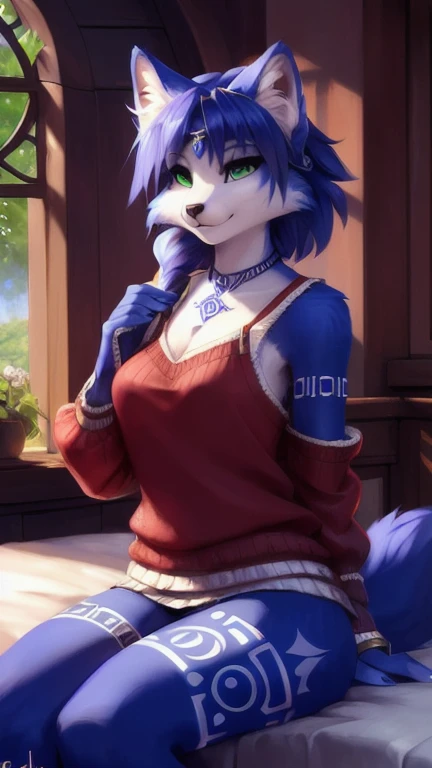 A beautiful and detailed (sweet portrait) von ((Krystal)), Sternenfuchs Krystal, Schlank, liebenswert, green eyes, medium breasts, (((Lange blaue Haare 1.3))),  Dekollete, Grinsen, hoch schauen,, anthro, Pelzig, Hochgeladen E621, detailed flauschige fur, (von Fluff-Kevlar, Bayard Wu, personalami, Pino Daeni), detailliertes Gesicht, (flauschige), 1 girl, Allein, auf einem bett liegend, alltagskleidung, heller pullover 1.3, schwarze hose, fernsehen