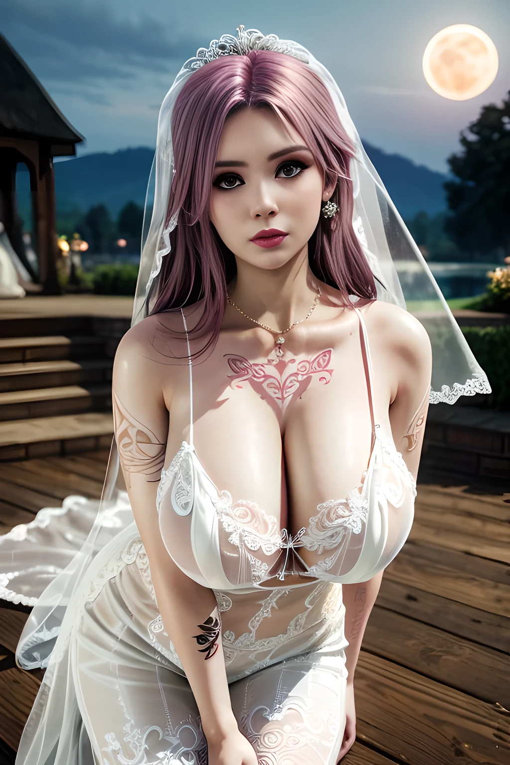 1 girl,lean over WINK,(( Wedding Dress, see-through)), outdoor,elegant,nighttime,moonlighe,shiny skin,( huge breasts:1.1), lip gloss,( tattoos:1.3), masterpiece, best quality, realistic ,Surrealism,natural colors art in 8k,soft shadows,Portrait art,solo, elise,