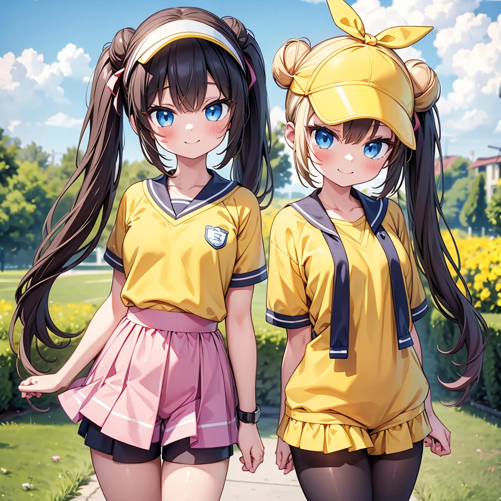 masterpiece, highest quality, High resolution, RO1, Hair Bun, blue eyes, Twin tails, Visor Cap, pantyhose, Raglan sleeves, Yellow shorts, shirt, Pink ribbon, watch, Are standing, Cowboy Shot, Field, Pokéball \(Basic\), smile