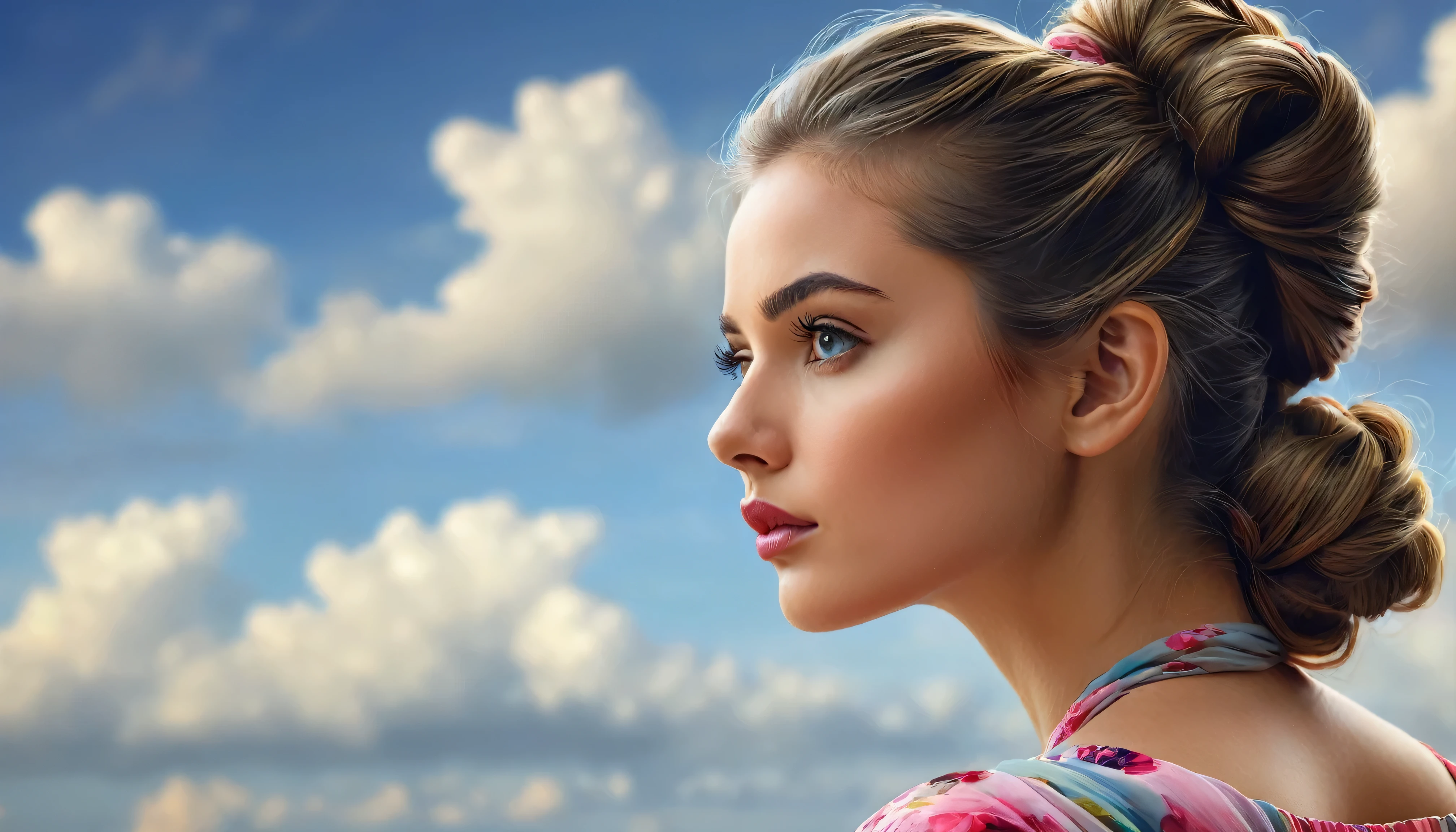 a beautiful girl with her hair tied up, looking thoughtful as she gazes into the horizon, (realistic,photorealistic:1.37), detailed face and eyes, expressive lips, stunning appearance, flowing dress, gentle pose, soft lighting, vibrant colors, painterly style