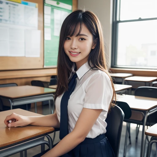 masterpiece, Full Body Shot, Front view, Young and beautiful woman in Japan, sitting on a desk In the classroom with a big smile, Attractive person, Wearing a short-sleeved white collared shirt with a plain shiny red satin bow tie, She is wearing a mid-length dark blue pleated skirt, Super cute face, Glossy Lips, Double eyelids on both eyes, Natural Makeup, Long eyelashes, Shiny, smooth, light brown medium length hair, Asymmetrical bangs, Sunburned skin, In the classroom, Head Frame, Center image, 8k resolution, Attention to detail, Detailed hairstyle, Detailed face, Spectacular movie lighting, Octane Rendering, Vibrant, Ultra-realistic, Perfect limbs, Perfect Anatomy,