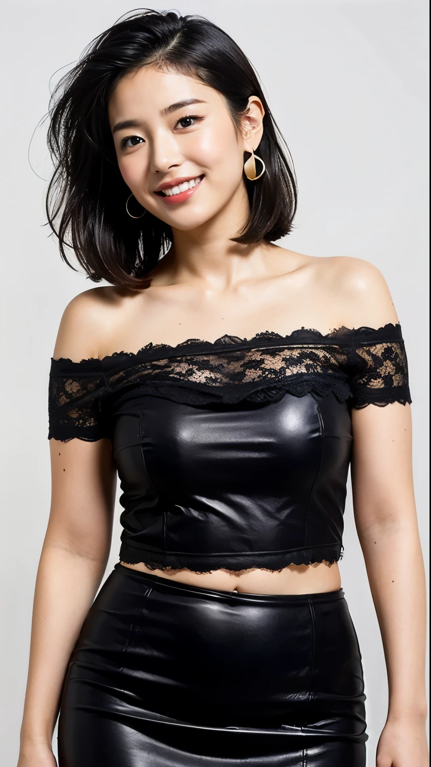 (highest quality, 8k, 32k, masterpiece, Ultra-high resolution:1.2),Beautiful Japanese Women Photos, alone, 1 girl, Glowing Skin, Glittering earrings, glamorous, Quirky details, Charm, Exposing shoulders, Sheer silk lace crop top, Tight Skirt, Shallow depth of field, Contrasting, Professional models, Look forward, Overbyte、Mouth half open、blush:2.5、((Large Breasts))、Random hairstyles for short hair、Black Hair、close up face、Portrait、Teeth are visible、Wide mouth、Droopy eyes、round face、Multiple moles、Fair skin、A lively 24-year-old、Brown eyes、Big smile、((Chubby:1.5)),((The gesture of pulling up the hair、I can see the side))