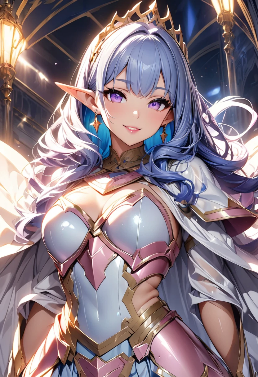 masterpiece、highest quality、Ultra-high resolution、Maximum resolution、Very detailed、Professional Lighting、anime、Adult women、thin、so beautiful、smile、dress、((Pink and white armor))、Shiny Armor、White decoration、Gorgeous tiara、Golden earrings、Blue Hair、purple eyes、Pink Lips、Elf Ears、White cloak、