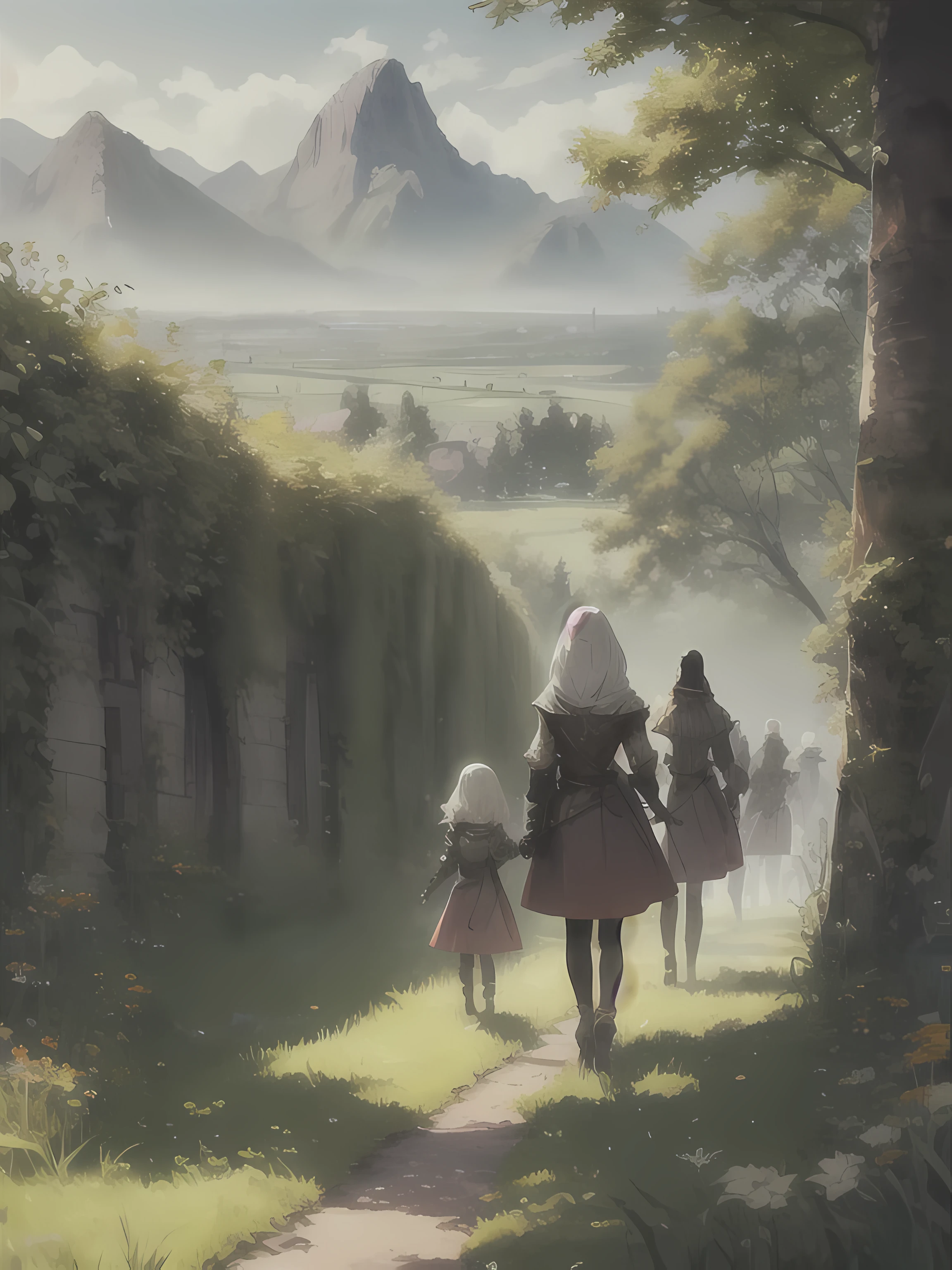 A girl standing on the green grass,Leading a group of knights.
BREAK With a brave face, She guided them to their destination..
break behind her, A green forest stretches into the distance, Mountains rise in the distance.
BREAK The best effect for this scene is the watercolor technique,to capture the softness of grass and the smoothness of movement.
