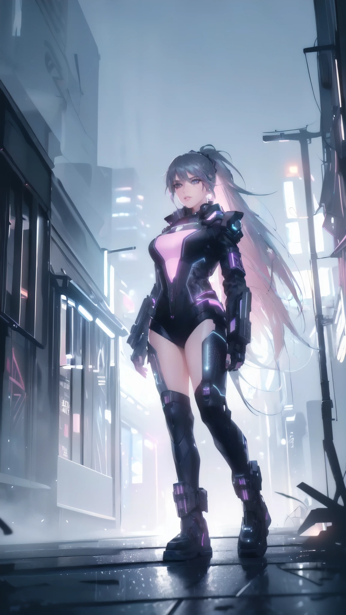 (best quality,4k,8k,highres,masterpiece:1.2),ultra-detailed,(female protagonist,cyber punk style,beautiful detailed eyes,beautiful detailed lips,futuristic neon motorcycle,glowing neon lights , glowing neon eyes, neon glowing lips,ultra long hair ponytail,cityscape background,vivid colors,portraits,sci-fi,sharp focus,physically-based rendering,shiny metallic textures,strong contrast,edgy clothing,dark alleys,graffiti art,street art elements,high-tech gadgets,urban environment,nighttime scene,rainy weather,blurred romantic lights,urban decay aesthetic,electric atmosphere,smoke and fog effects,dynamic pose.