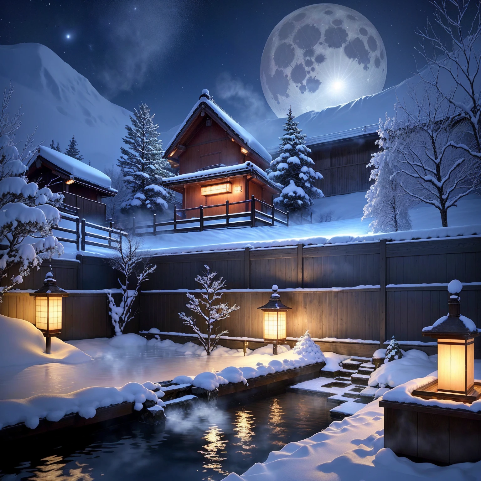 japanese onsen、outdoor bath、Steaming、deep in the night、Super giant moon、mont々、snowscape、Spotlight on the open-air bath、starrysky