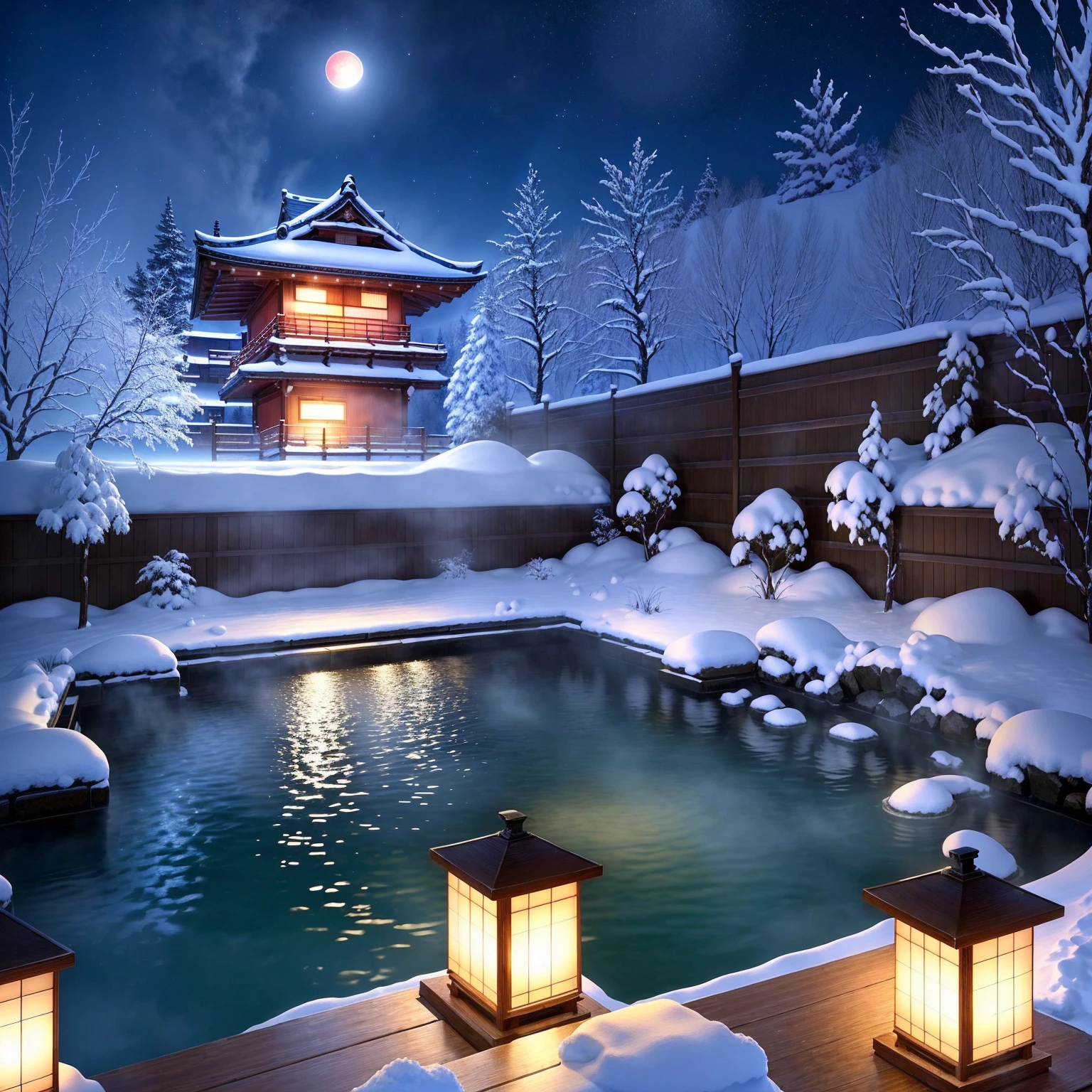 japanese onsen、outdoor bath、Steaming、deep in the night、Super giant moon、mont々、snowscape、Spotlight on the open-air bath、starrysky