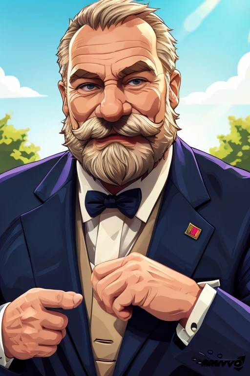 portrait, muscular old man in park, beard no mustache, happy, summer, suits, vector, mwvector