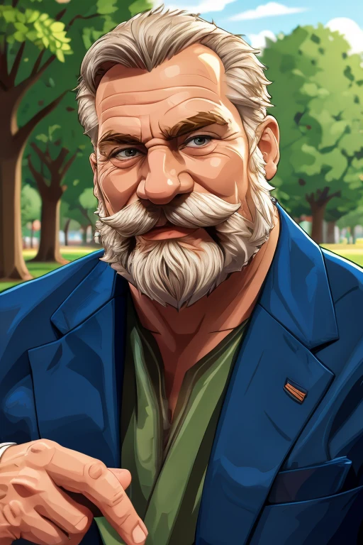 portrait, muscular old man in park, beard no mustache, happy, summer, suits, vector, mwvector