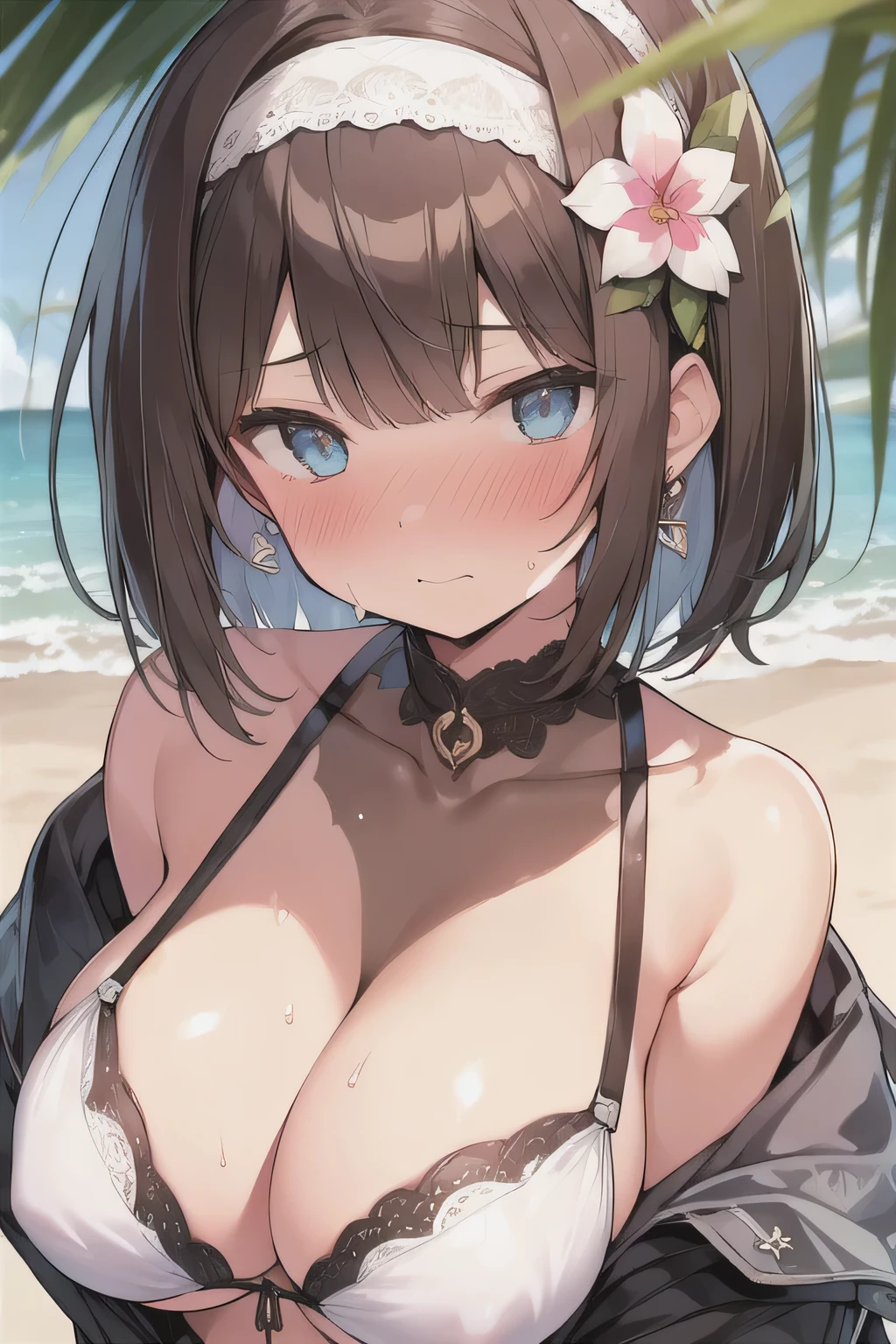 (best quality), (Super detailed), (Best Illustration), (1woman), look at viewer, (flower pattern bikini), (Big Breasts:1.2), {brown hair, (bob cut:1.2), curly hair, hairs between eyes}, {(detailed eyes), heart-shaped pupils, blue eyes}, annoyed, nose blush, sweat, steam, earrings, white hairband, beach