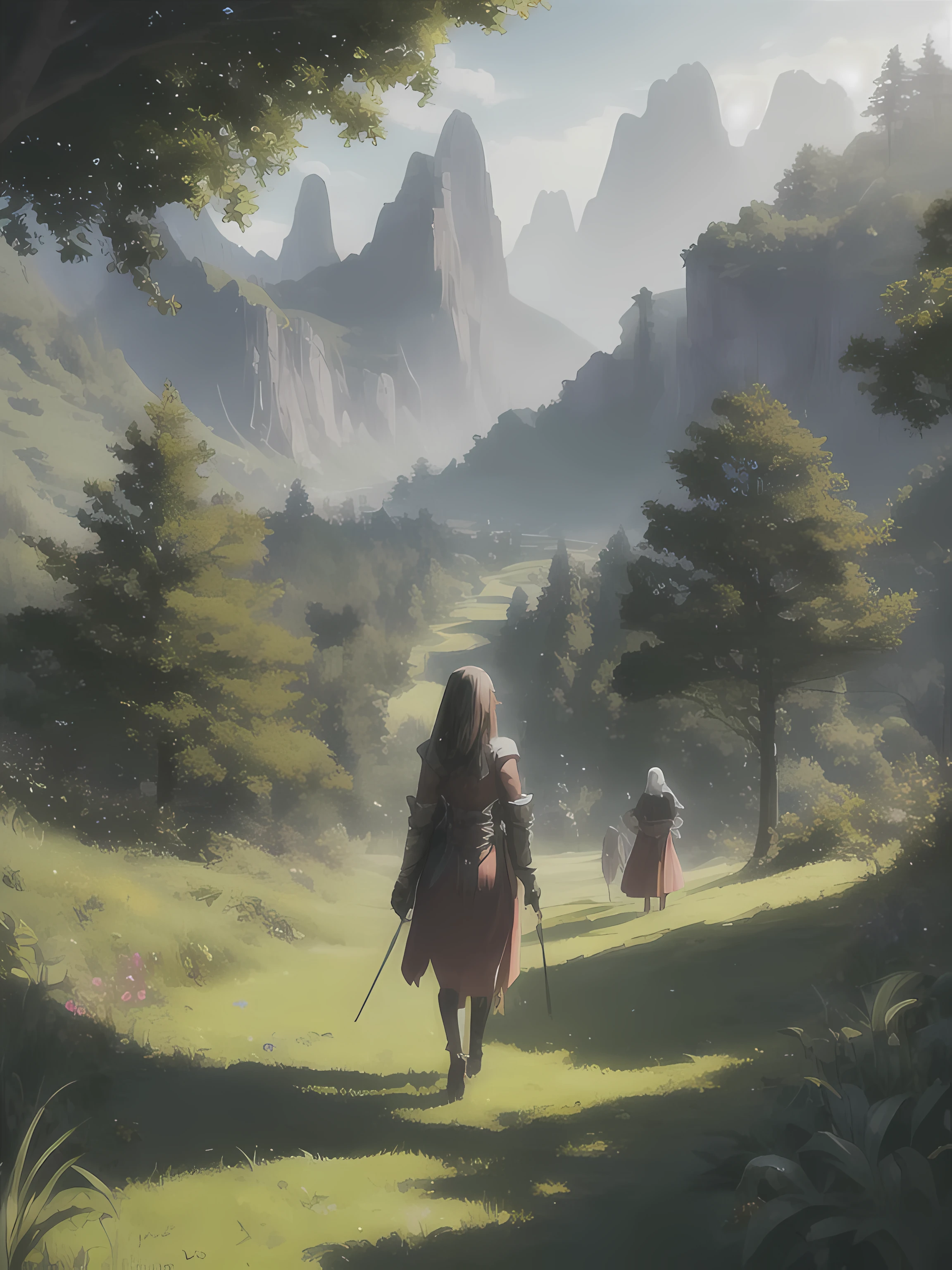 A girl standing on the green grass，Leading a group of knights.
BREAK With a brave face, She guided them to their destination..
break behind her, A green forest stretches into the distance, Mountains rise in the distance.
BREAK The best effect for this scene is the watercolor technique，to capture the softness of grass and the smoothness of movement.