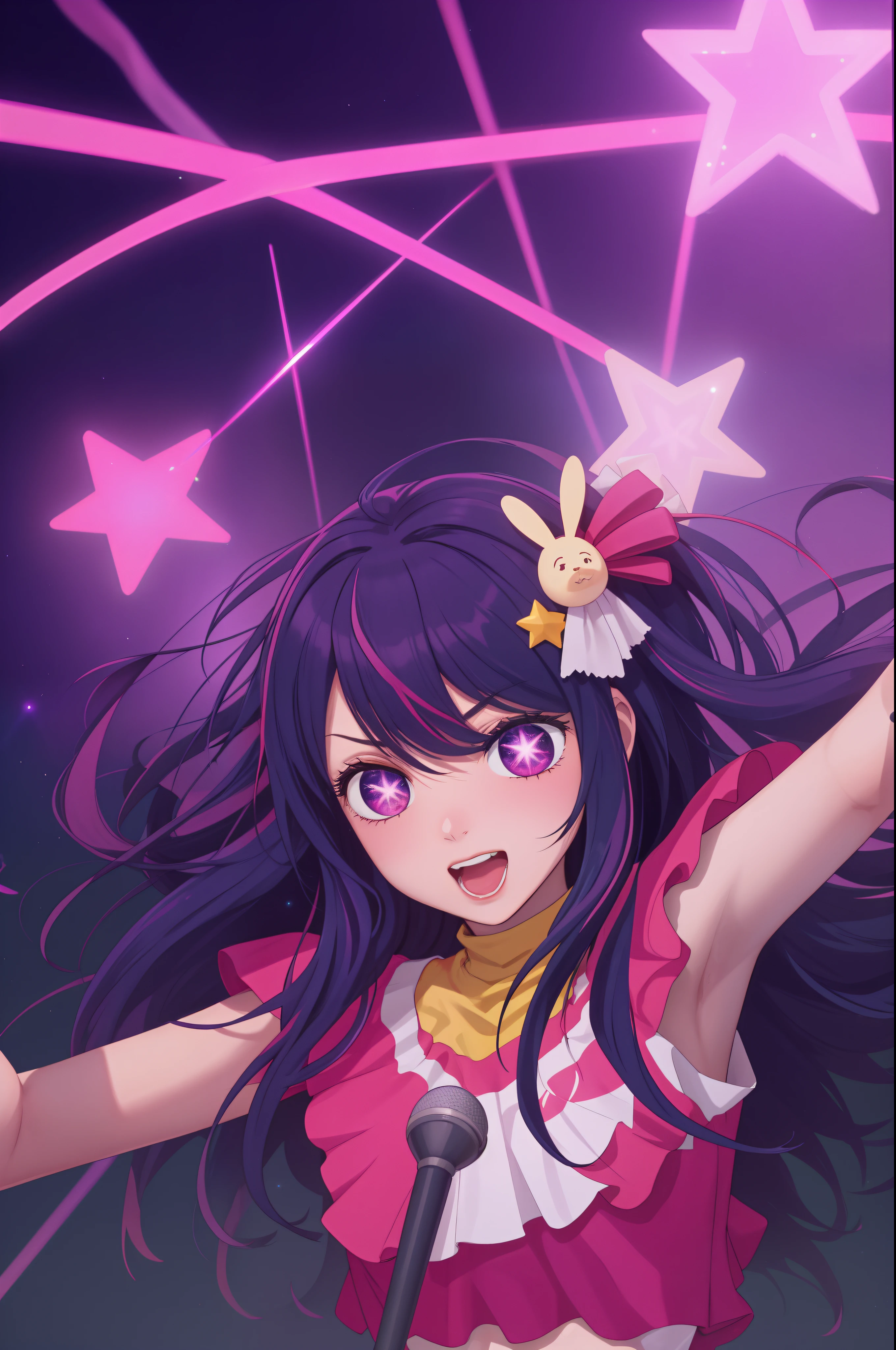 rave with pschedelics, lsd, xtc, laser lights, dancing, hands in the air Hoshino Ai, long hair, purple hair, streaked hair ,purple eyes, star-shaped pupils, hair ornament, at front idol japense stage
