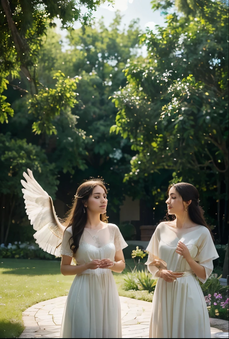 (best quality,4k,8k,highres,masterpiece:1.2),ultra-detailed,(realistic,photorealistic,photo-realistic:1.37),beautiful detailed eyes,beautiful detailed lips,extremely detailed face,distinctive white feathered wings like clouds,heavenly atmosphere,rays of soft golden sunlight filtering through the clouds,serene and tranquil setting,gorgeous lush green garden with vibrant flowers in full bloom,divine heavenly beings with ethereal beauty and grace,floating and hovering in mid-air with graceful movements,white flowing robes with intricate golden embroidery,halos of soft golden light surrounding their heads,peaceful smile on their faces,blissful expressions,feeling of serenity and inner joy,angelic beings inquisitively observing their surroundings,playful interaction between the angels,sparkling water fountain in the center of the garden,brilliant white doves fluttering their wings,whispering breeze rustling the leaves,celestial music playing softly in the background,harmony between nature and heavenly beings,enchanted atmosphere with a touch of magic,vivid colors and vibrant hues,soft pastel tones with hints of gold and silver,subtle glows and soft gradients of light and shadow,stunning depth and dimension,glorious divine beings radiating with a heavenly glow,graceful movements captured in every detail,impressive level of realism and clarity,breathtaking artwork resembling a masterpiece painting,impeccable attention to detail and texture,superbly realistic rendering of feathers and light,sublime beauty and ethereal presence,awe-inspiring artwork that evokes a sense of wonder and enchantment.