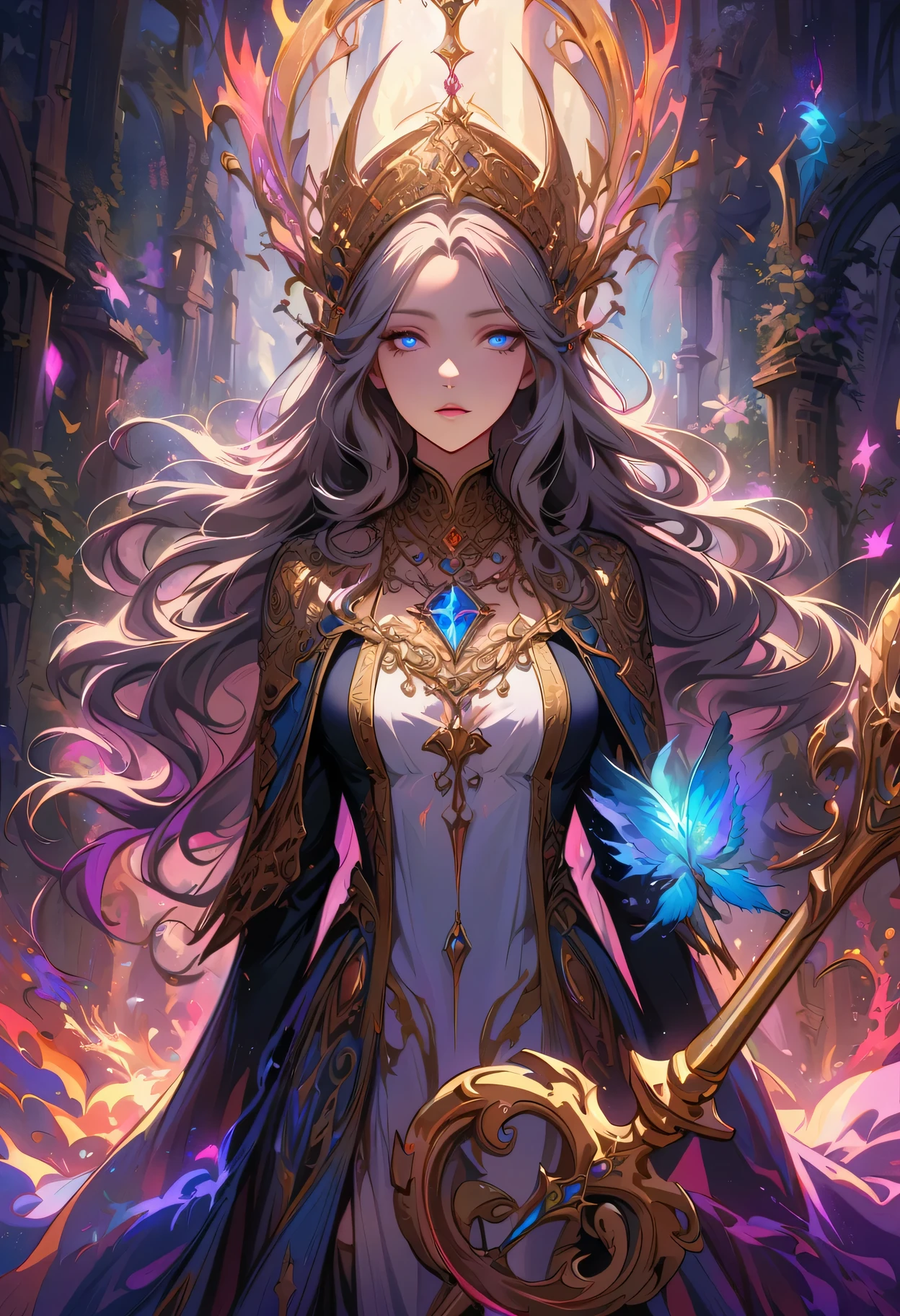 ((Extreme details)),(Super detailed), Chiaroscuro, Extremely detailed CG Unity 8K wallpaper, dark elf, priestess, golden jewelry, intricate details, mystical atmosphere, glowing eyes, ethereal beauty, delicate features, flowing hair, majestic headdress, ornate necklace, intricate bracelets, ancient symbols, shimmering staff, armored thigh boots, mysterious aura, Facing forward, Looking at the audience, moonlit forest, enchanted ruins, magical powers, divine radiance, peaceful serenity, subtle shadows, rich textures, vibrant colors, epic fantasy, otherworldly charm, surreal elements, ethereal light effects, Look away, look up, from above, captivating composition, powerful storytelling.