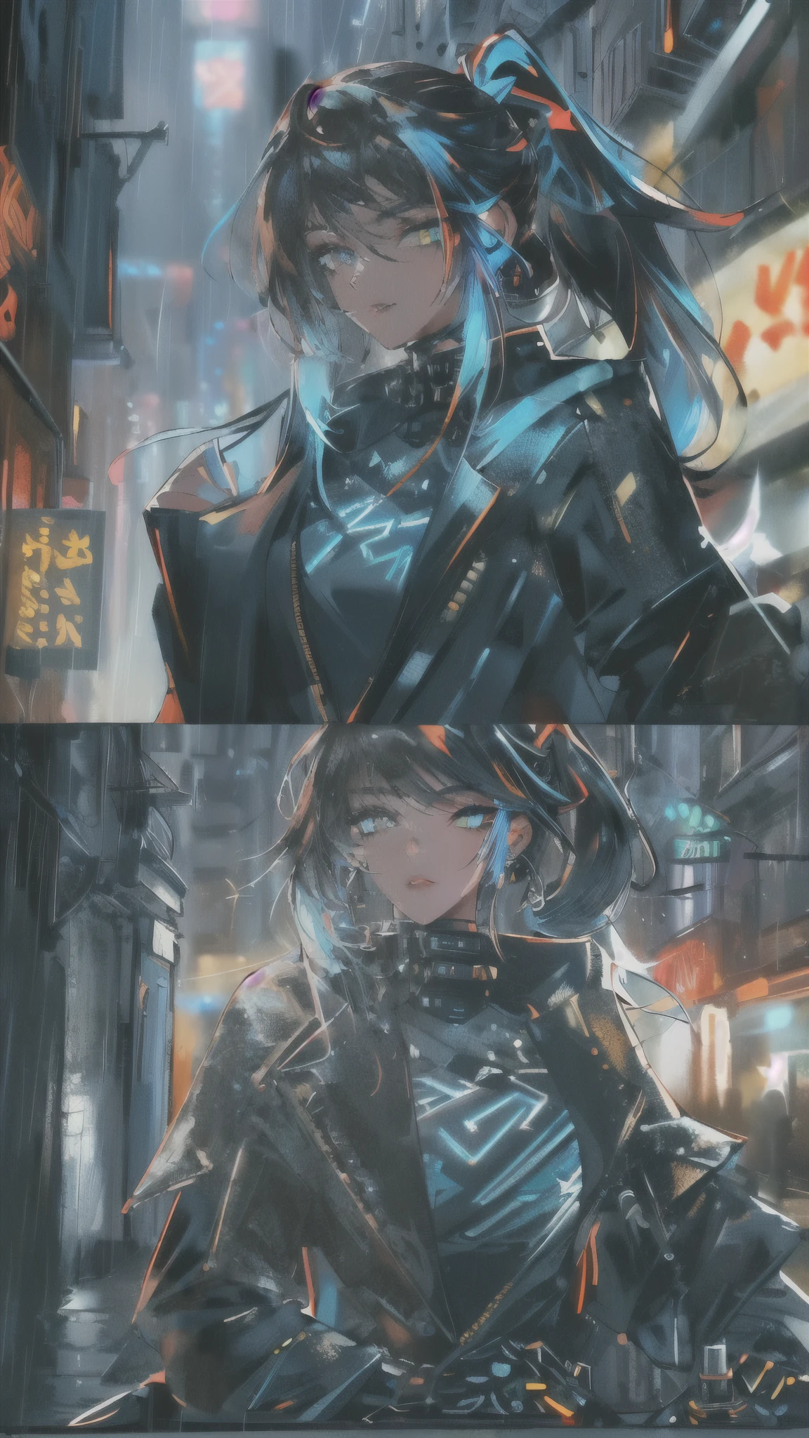 (best quality,4k,8k,highres,masterpiece:1.2),ultra-detailed,(female protagonist,cyber punk style,beautiful detailed eyes,beautiful detailed lips,futuristic neon motorcycle,glowing neon lights , glowing neon eyes, neon glowing lips,ultra long hair ponytail,cityscape background,vivid colors,portraits,sci-fi,sharp focus,physically-based rendering,shiny metallic textures,strong contrast,edgy clothing,dark alleys,graffiti art,street art elements,high-tech gadgets,urban environment,nighttime scene,rainy weather,blurred romantic lights,urban decay aesthetic,electric atmosphere,smoke and fog effects,dynamic pose.