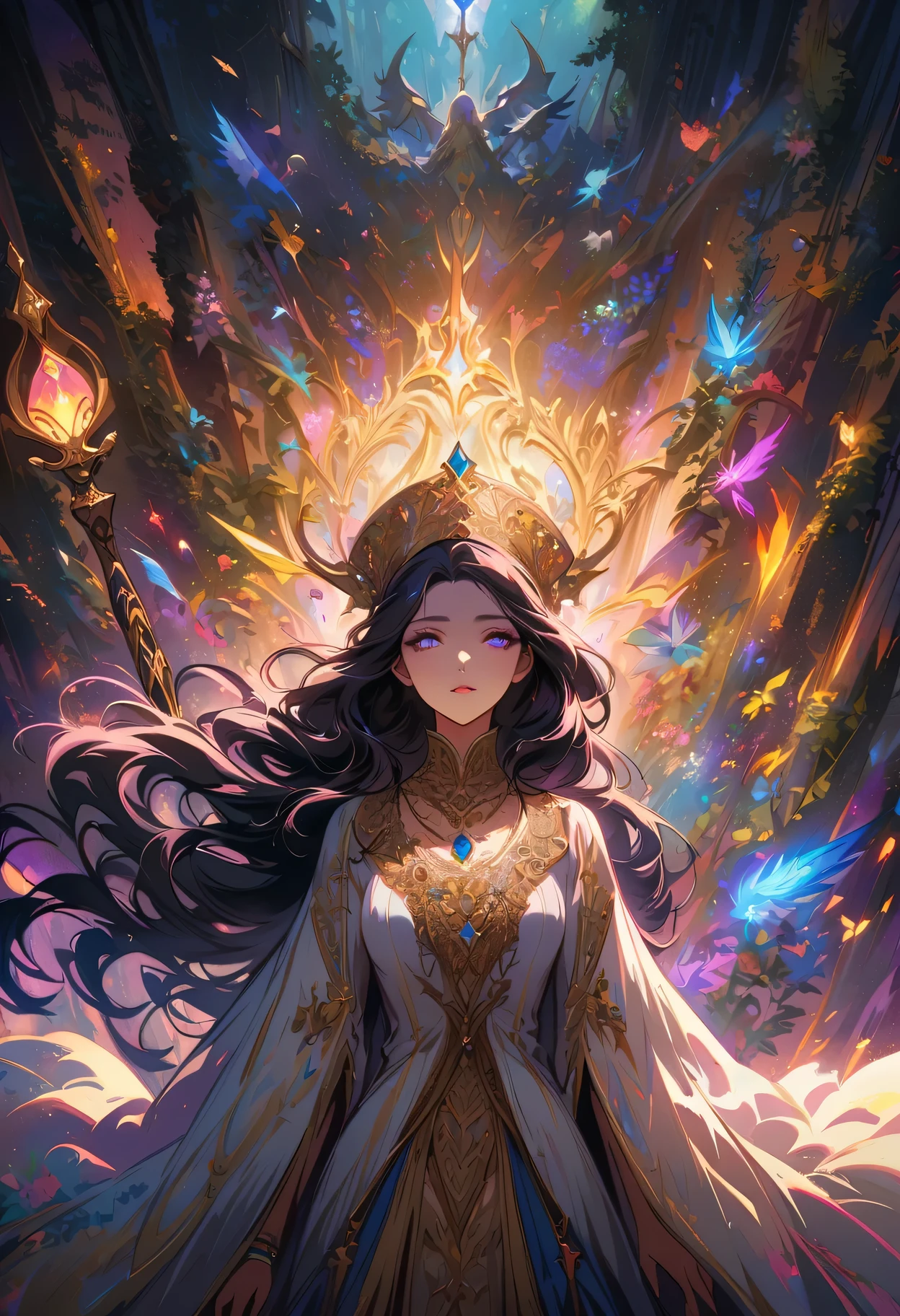 ((Extreme details)),(Super detailed), Chiaroscuro, Extremely detailed CG Unity 8K wallpaper, dark elf, priestess, golden jewelry, intricate details, mystical atmosphere, glowing eyes, ethereal beauty, delicate features, flowing hair, majestic headdress, ornate necklace, intricate bracelets, ancient symbols, shimmering staff, armored thigh boots, mysterious aura, Facing forward, Looking at the audience, moonlit forest, enchanted ruins, magical powers, divine radiance, peaceful serenity, subtle shadows, rich textures, vibrant colors, epic fantasy, otherworldly charm, surreal elements, ethereal light effects, Look away, look up, from above, captivating composition, powerful storytelling.
