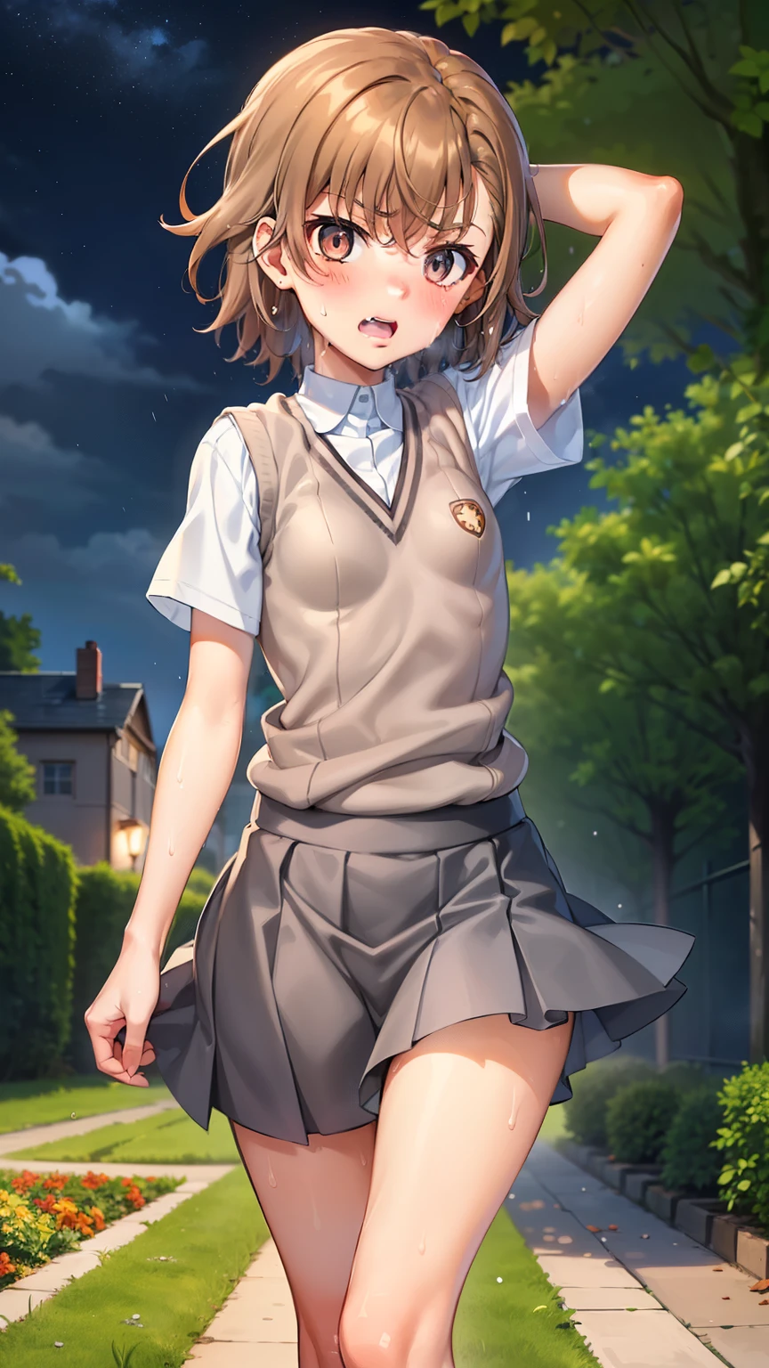 Smooth anime CG art、Focus Only、1 girl、Front view、(((Grey Skirt)))、Sweater vest、Short sleeve、(((Small breasts)))、(((sweat)))、Semi-short hair、(((Sweaty)))、Watery eye、blush、(((Embarrassed look)))、((Open your mouth))、(((Are standing)))、Spread your legs、((garden))、((Night Sky))、Midnight、Outdoor