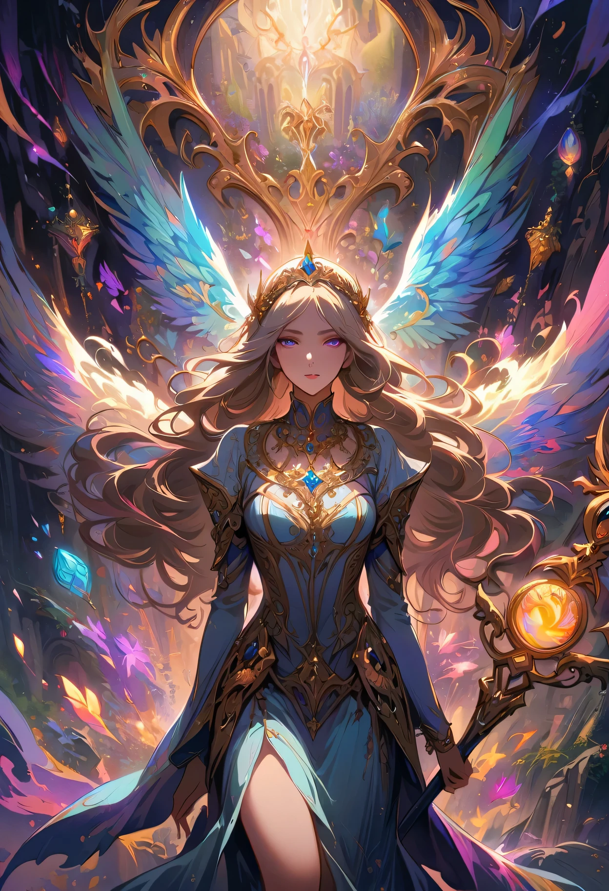 ((Extreme details)),(Super detailed), Chiaroscuro, Extremely detailed CG Unity 8K wallpaper, dark elf, priestess, golden jewelry, intricate details, mystical atmosphere, glowing eyes, ethereal beauty, delicate features, flowing hair, majestic headdress, ornate necklace, intricate bracelets, ancient symbols, shimmering staff, armored thigh boots, mysterious aura, Facing forward, Looking at the audience, moonlit forest, enchanted ruins, magical powers, divine radiance, peaceful serenity, subtle shadows, rich textures, vibrant colors, epic fantasy, otherworldly charm, surreal elements, ethereal light effects, Look away, look up, from above, captivating composition, powerful storytelling.