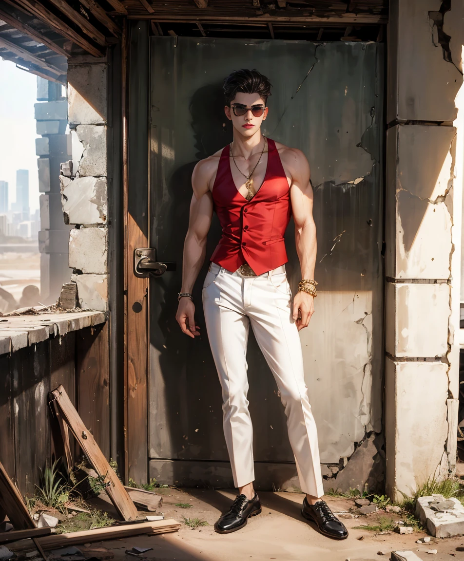 HD quality, high definition,male 18 years old handsome, muscular and slim, red lips, leaning against a wall inside abandoned oasis naked, model with bracelets, earrings and Necklace, wearing head band and sunglasses, open vest, full sexy body, angry browse, pouty mouth, wearing shoes