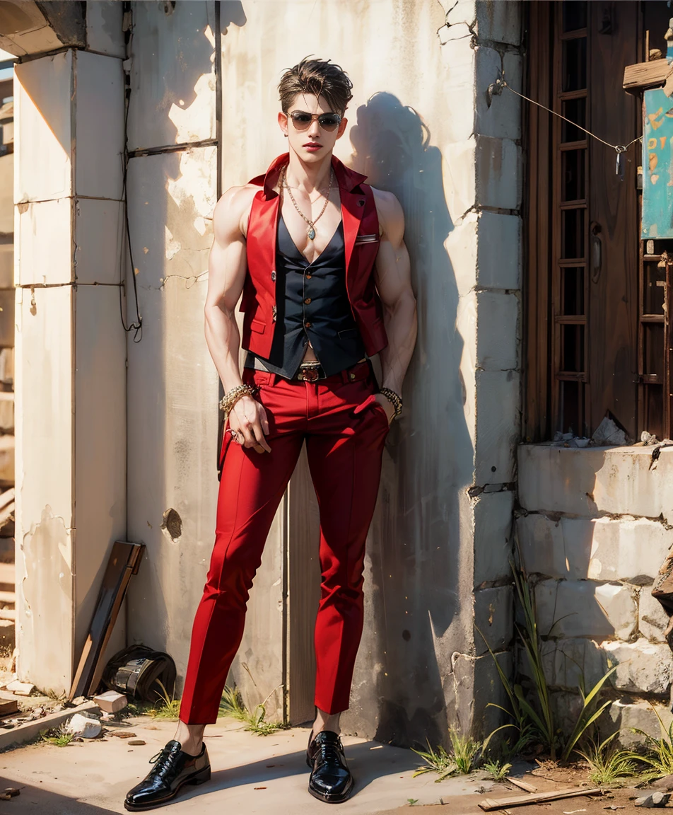 HD quality, high definition,male 18 years old handsome, muscular and slim, red lips, leaning against a wall inside abandoned oasis naked, model with bracelets, earrings and Necklace, wearing head band and sunglasses, open vest, full sexy body, angry browse, pouty mouth, wearing shoes