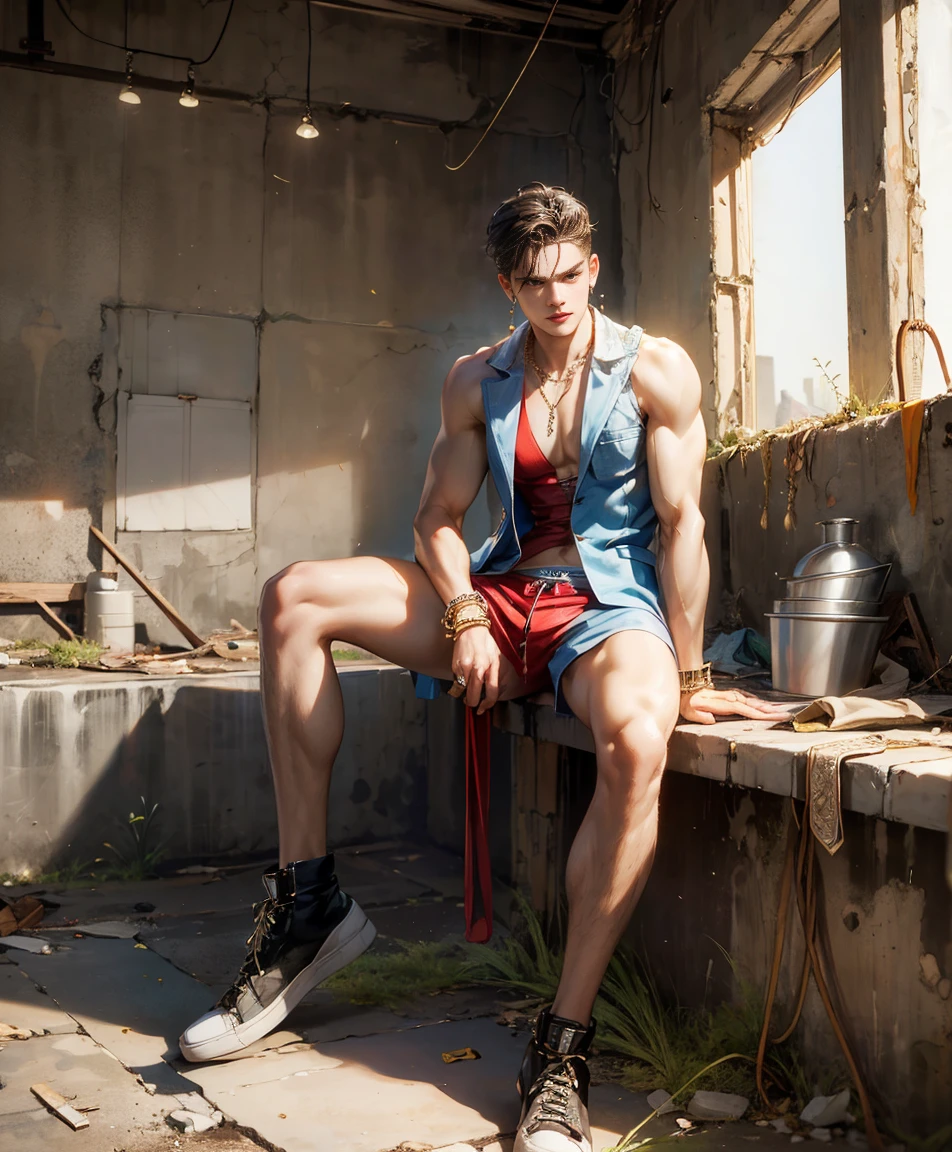 HD quality, high definition,male 18 years old handsome, muscular and slim, red lips, leaning against a wall inside abandoned oasis naked, model with bracelets, earrings and Necklace, wearing head band and sunglasses, open vest, full sexy body, angry browse, pouty mouth, wearing shoes
