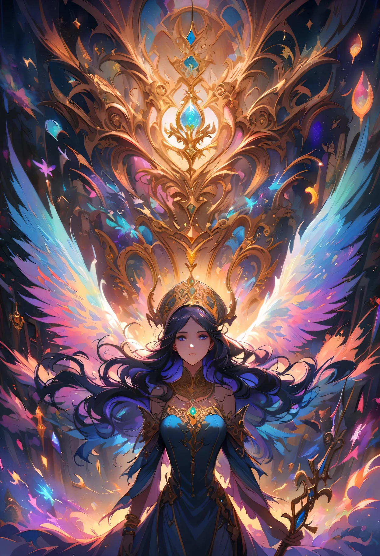 ((Extreme details)),(Super detailed), Chiaroscuro, Extremely detailed CG Unity 8K wallpaper, dark elf, priestess, golden jewelry, intricate details, mystical atmosphere, glowing eyes, ethereal beauty, delicate features, flowing hair, majestic headdress, ornate necklace, intricate bracelets, ancient symbols, shimmering staff, mysterious aura, Facing forward, Looking at the audience, moonlit forest, enchanted ruins, magical powers, divine radiance, peaceful serenity, subtle shadows, rich textures, vibrant colors, epic fantasy, otherworldly charm, surreal elements, ethereal light effects, Look away, look up, from above, captivating composition, powerful storytelling.