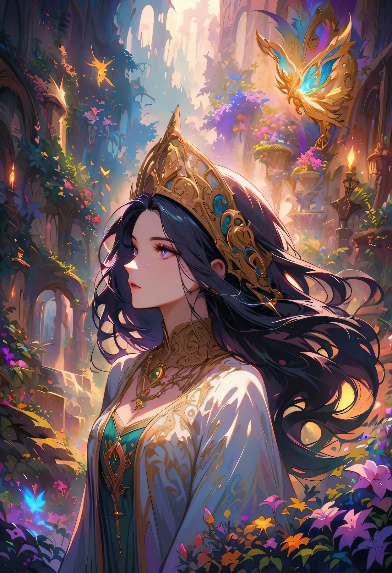 ((Extreme details)),(Super detailed), Chiaroscuro, Extremely detailed CG Unity 8K wallpaper, dark elf, priestess, golden jewelry, intricate details, mystical atmosphere, glowing eyes, ethereal beauty, delicate features, flowing hair, majestic headdress, ornate necklace, intricate bracelets, ancient symbols, shimmering staff, mysterious aura, Facing forward, Looking at the audience, moonlit forest, enchanted ruins, magical powers, divine radiance, peaceful serenity, subtle shadows, rich textures, vibrant colors, epic fantasy, otherworldly charm, surreal elements, ethereal light effects, Look away, look up, from above, captivating composition, powerful storytelling.