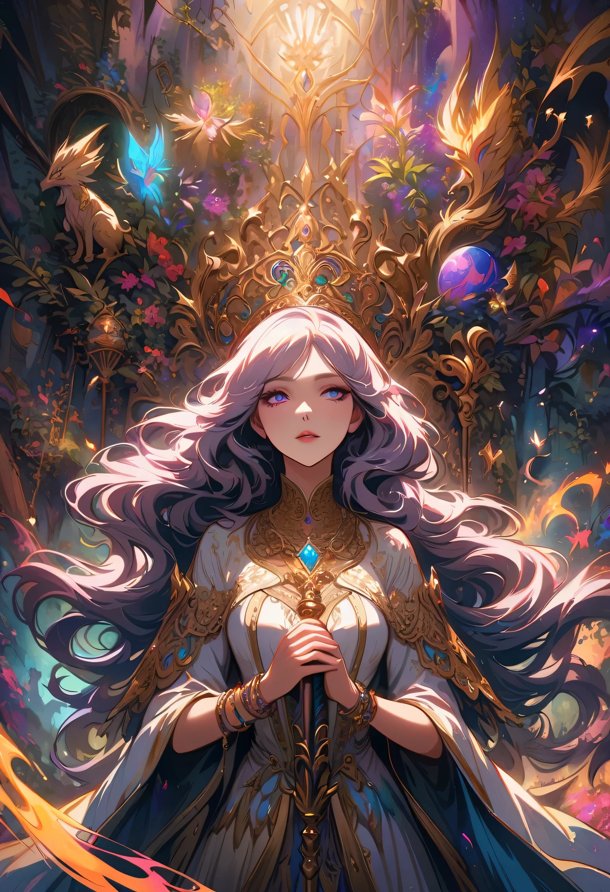 ((Extreme details)),(Super detailed), Chiaroscuro, Extremely detailed CG Unity 8K wallpaper, dark elf, priestess, golden jewelry, intricate details, mystical atmosphere, glowing eyes, ethereal beauty, delicate features, flowing hair, majestic headdress, ornate necklace, intricate bracelets, ancient symbols, shimmering staff, mysterious aura, Facing forward, Looking at the audience, moonlit forest, enchanted ruins, magical powers, divine radiance, peaceful serenity, subtle shadows, rich textures, vibrant colors, epic fantasy, otherworldly charm, surreal elements, ethereal light effects, Look away, look up, from above, captivating composition, powerful storytelling.