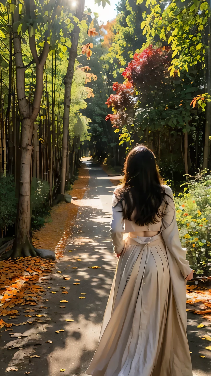 Capture the young woman walking down a leaf-strewn path in an autumn forest, her figure framed by the vibrant reds and oranges of fallen leaves. The light filtering through the trees creates a warm, yet melancholic atmosphere. Her back is to the camera, and the image should emphasize the crunch of leaves underfoot and the solitude of her journey."