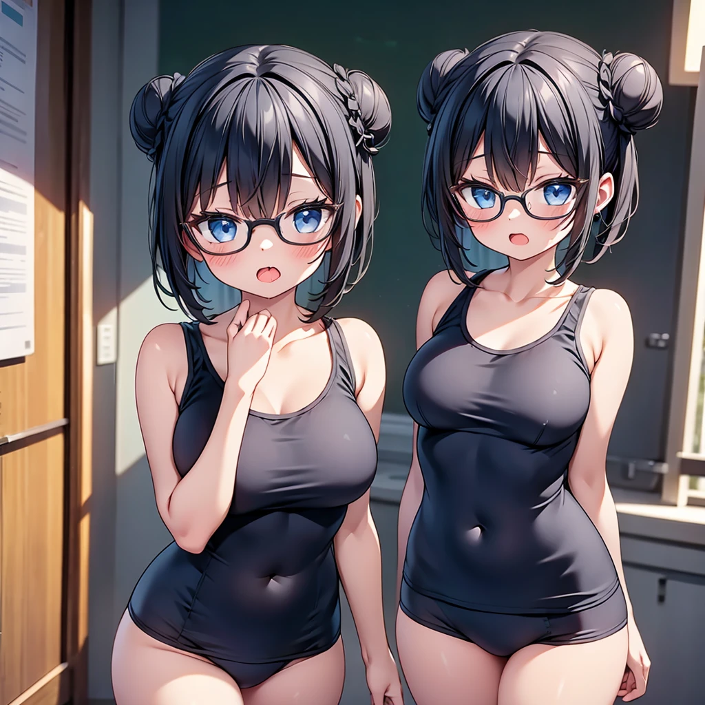 highest quality,wonderful,finely,extremely detailed CG Unity 8K wallpaper, (1 Girl,Black Hair, Blue Eyes,Glasses, short hair, double bun), (midium breasts:1.2), (school swimsuit:1.1), (Bare shoulders:1.1), (clavicle:1.1), (open mouth:1.2), (long tongue:1.2), (mouth drool:1.2), (zettai ryouiki:1.2),(Waistline:1.2), (Are standing:1.2)