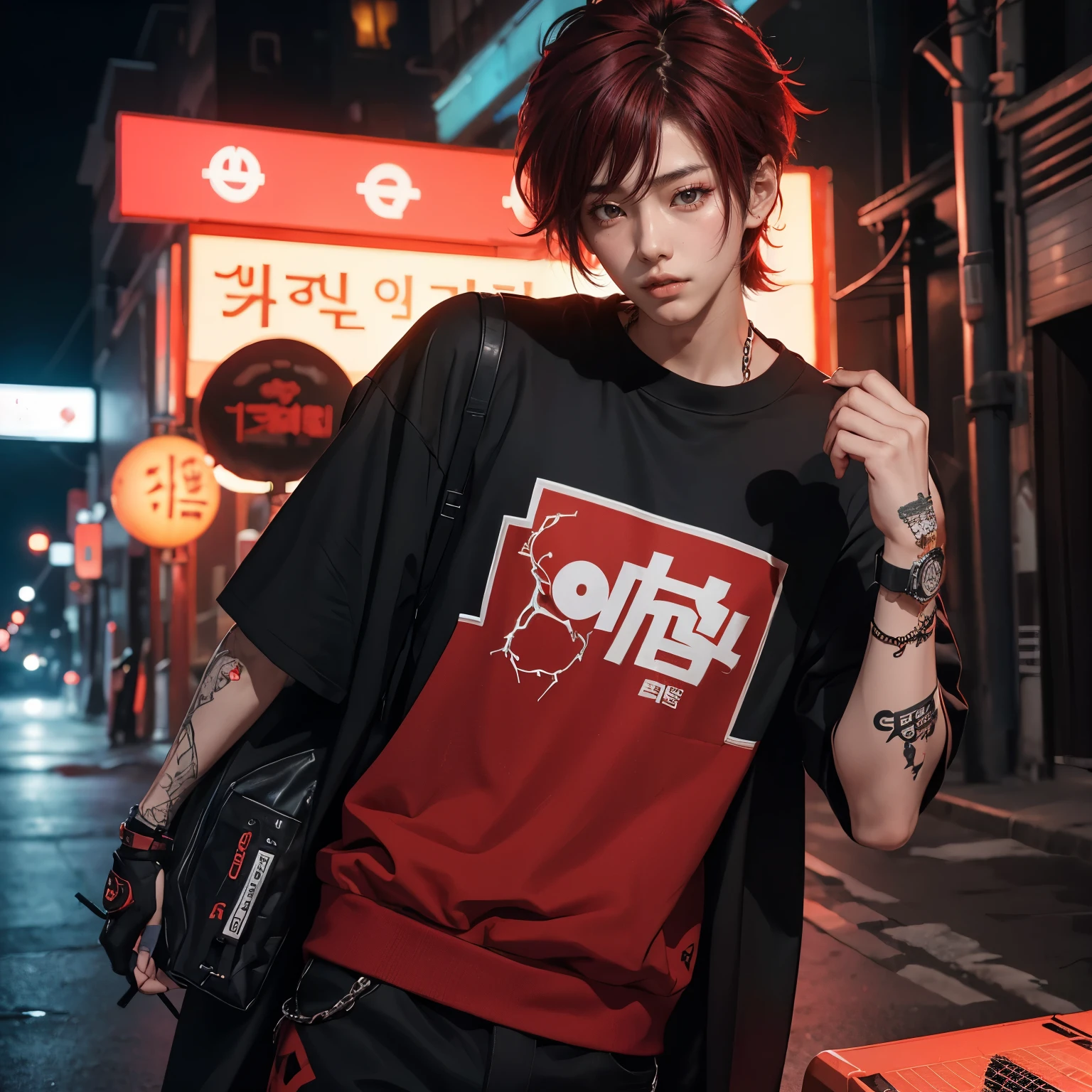 one Korean boy model wears a t-shirt with the words "ROKHIM". Cool black and red hair. The background is a quiet, glowing cyberpunk street. He is wearing EDGY FASHION STYLE gamers clothes in black and red.