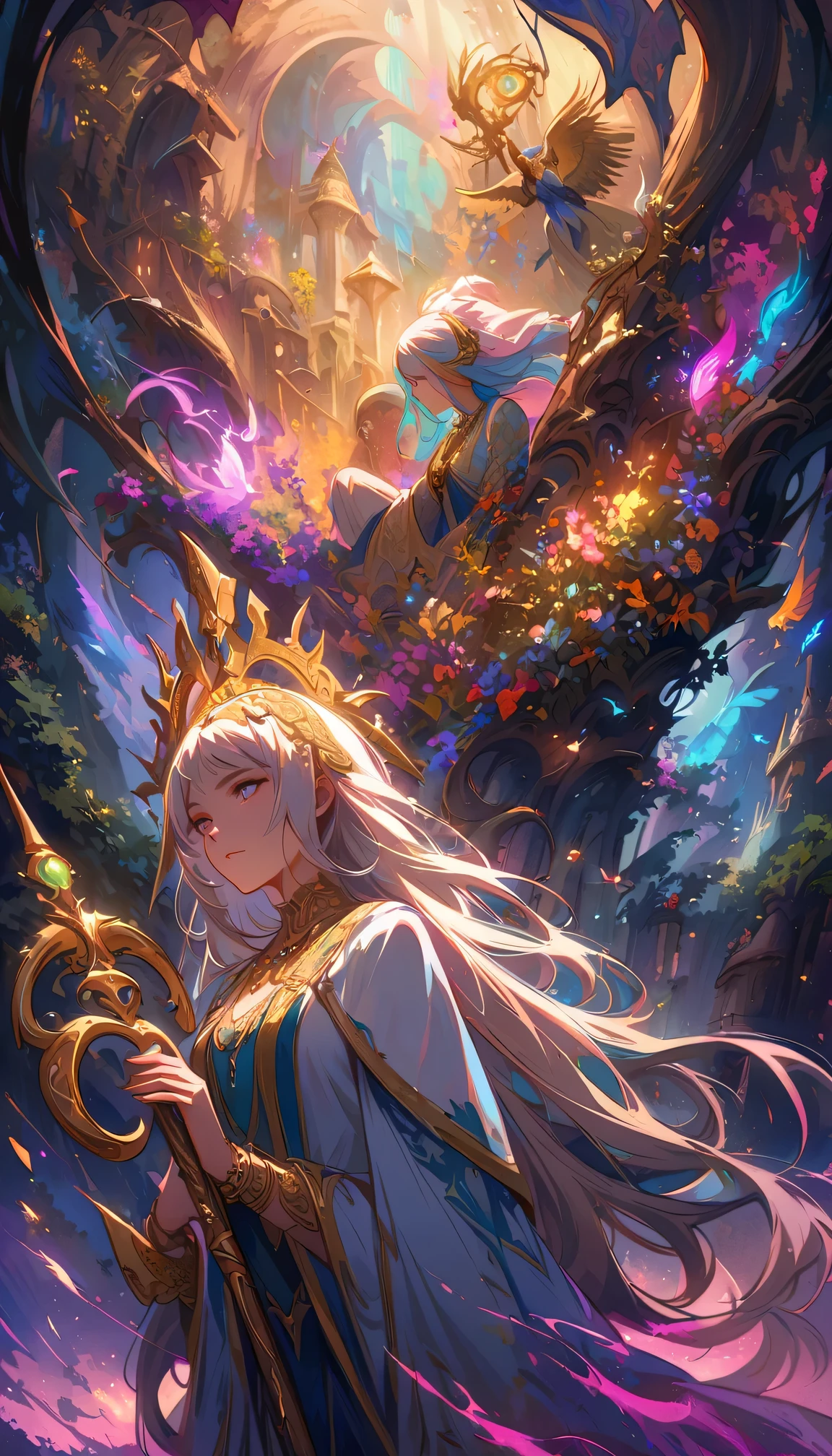 ((Extreme details)),(Super detailed), Chiaroscuro, Extremely detailed CG Unity 8K wallpaper, dark elf, priestess, golden jewelry, intricate details, mystical atmosphere, glowing eyes, ethereal beauty, delicate features, flowing hair, majestic headdress, ornate necklace, intricate bracelets, ancient symbols, shimmering staff, armored thigh boots, mysterious aura, Facing forward, Looking at the audience, moonlit forest, enchanted ruins, magical powers, divine radiance, peaceful serenity, subtle shadows, rich textures, vibrant colors, epic fantasy, otherworldly charm, surreal elements, ethereal light effects, Look away, look up, from above, captivating composition, powerful storytelling.