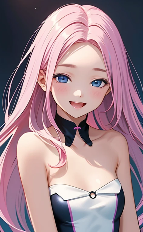 (masterpiece:1.4、top-quality、illustration:1.4,realistic、)、(character focus、breast focus,upper body:1.3)、(1girl),(Open mouth happy smile:1.3),(half closed eyes),cute face,blue eyes、()、
,(stand:1.4),(Shining smile),
,(slender),(black strapless Separate swimsuit:1.3),(pink long hair:1.6,forehead:1.3), (small breasts:1.3)、
、slender、pool,、