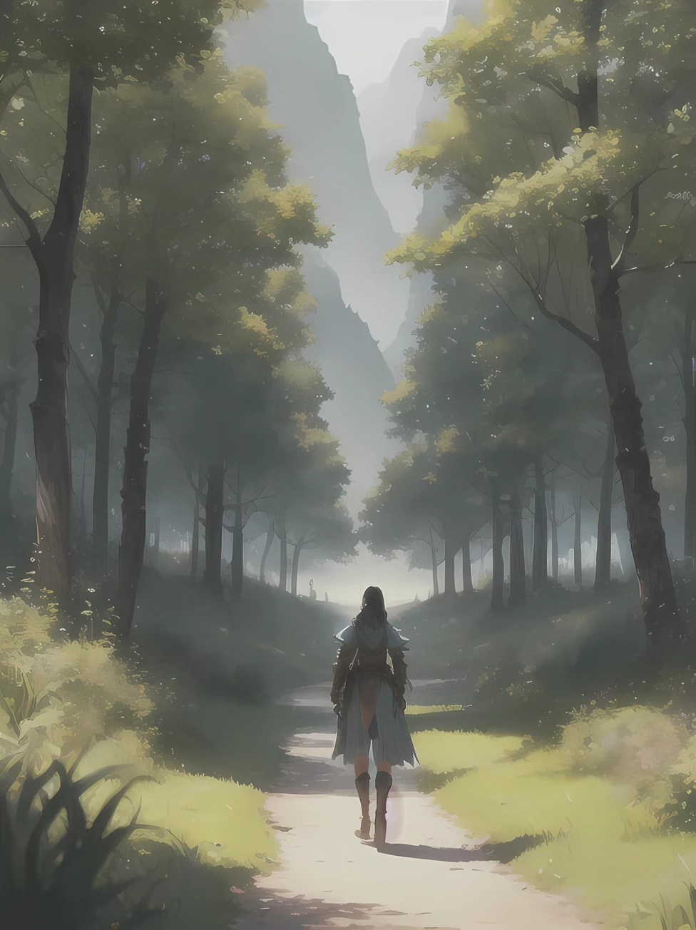 A girl standing on the green grass,Leading a group of knights.
BREAK With a brave face, She guided them to their destination..
break behind her, A green forest stretches into the distance, Mountains rise in the distance.
BREAK The best effect for this scene is the watercolor technique,to capture the softness of grass and the smoothness of movement.