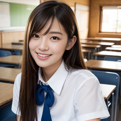 masterpiece, Random Shot, Front view, Young and beautiful woman in Japan, sitting on a desk In the classroom with a big smile, Attractive person, Wearing a short-sleeved white collared shirt with a plain shiny red satin bow tie, She is wearing a mid-length dark blue pleated skirt, Super cute face, Glossy Lips, Double eyelids on both eyes, Natural Makeup, Long eyelashes, Shiny, smooth, light brown medium length hair, Asymmetrical bangs, Sunburned skin, In the classroom, Head Frame, Center image, 8k resolution, Attention to detail, Detailed hairstyle, Detailed face, Spectacular movie lighting, Octane Rendering, Vibrant, Ultra-realistic, Perfect limbs, Perfect Anatomy,