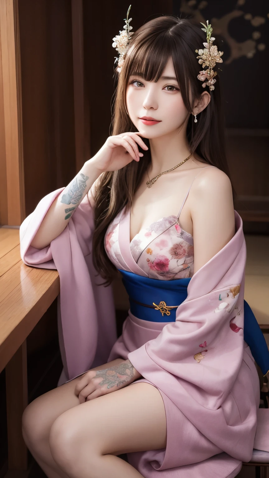 Viewer's perspective,Portrait of a 21 year old saint,Charming アダルト saint in a long dress made of thin silk, beautiful saint with an old face, Big blue eyes, She is wearing a bright pink colorful dress:1.5, beautiful face without blemishes, ((Hair length 7 colors:1.2)), large crown, Hair brooch, Hanfu Dress, chinese ancient style, Full Body Jewelry, 額のtattoo, faceのtattoo,Very even breasts, face, innocent face, The most beautiful and delicate pale pink lipstick, ((Thin and plump lips:0.3)), ((Golden Eyes Color:0.6)), Detailed and subtle lighting effects, Light and Dark, Dramatic lighting, Magic Light, Highly detailed light, Natural Color, Ultra Sharp, Realistic, 8K quality, Fantasy space background, A space of saints and magic, The most detailed image, ((alone:0.3)), ((to the saints:0.6)), ((saintを真っ直ぐ見つめる'Upper Body:0.4)), ((Smooth skin:0.5)), ((saint'Veil:0.6)),tattoo , フェイスtattoo,Oiran , Clothing made from jewels , cherry blossoms , 🌸 , grassland , Close your eyes and sleep on the chair.:1.5