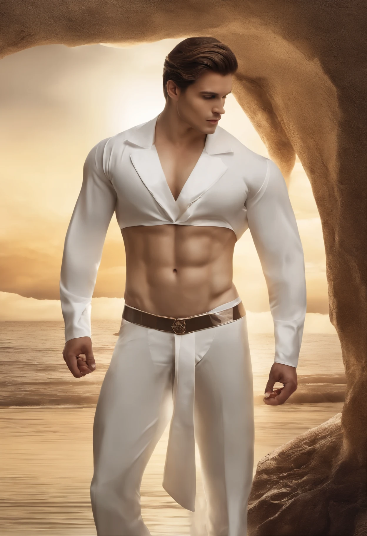 male,Slightly fat,The pectoral muscles are well developed,Wearing a low-waisted, soaking white thong underneath,bulge,The outline of the device can be clearly seen,kneeling position,pair,push forward,Viewed from the crotch,expression,Take off your thong below the hip bone。