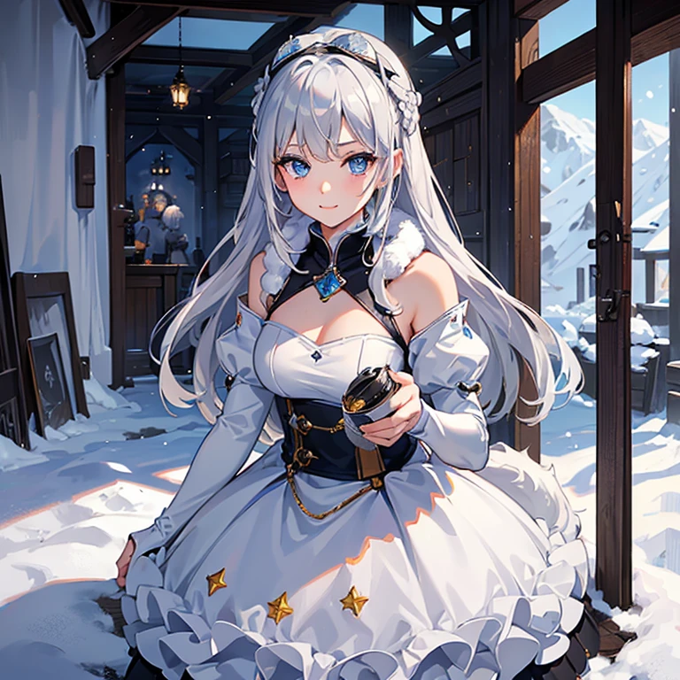 ((Very detailed)), 4K, ((Cinema Lighting)), close, Fantasy World, snow, market, marketの屋台, Adult female, dirty, guard,White-silver hair color,Wear goggles on your head, blue eyes, ((Beautiful Eyes)), Happy expression, Hold the cannon,white fluffy fur
